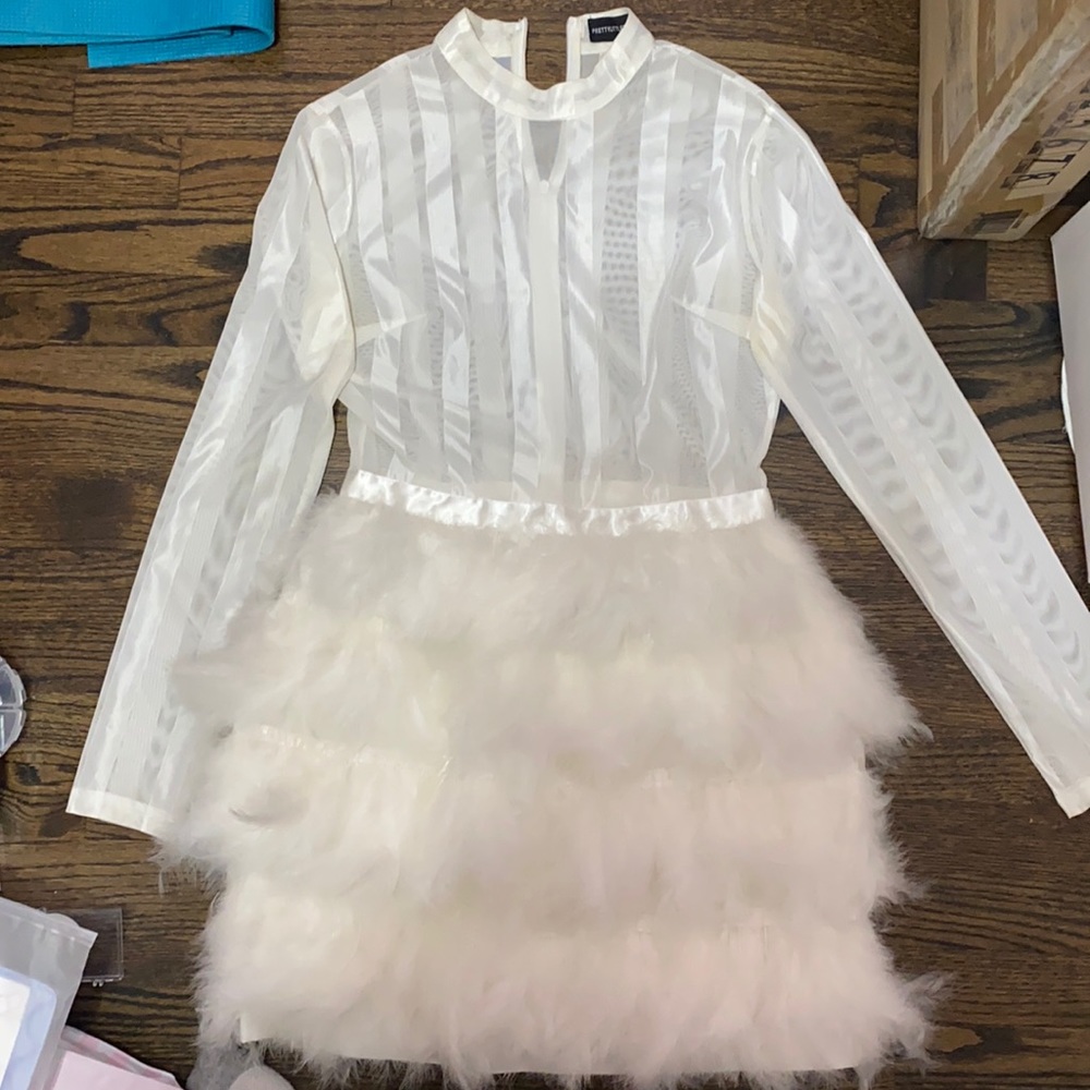 Short, White, long sleeve, and feather dress.
